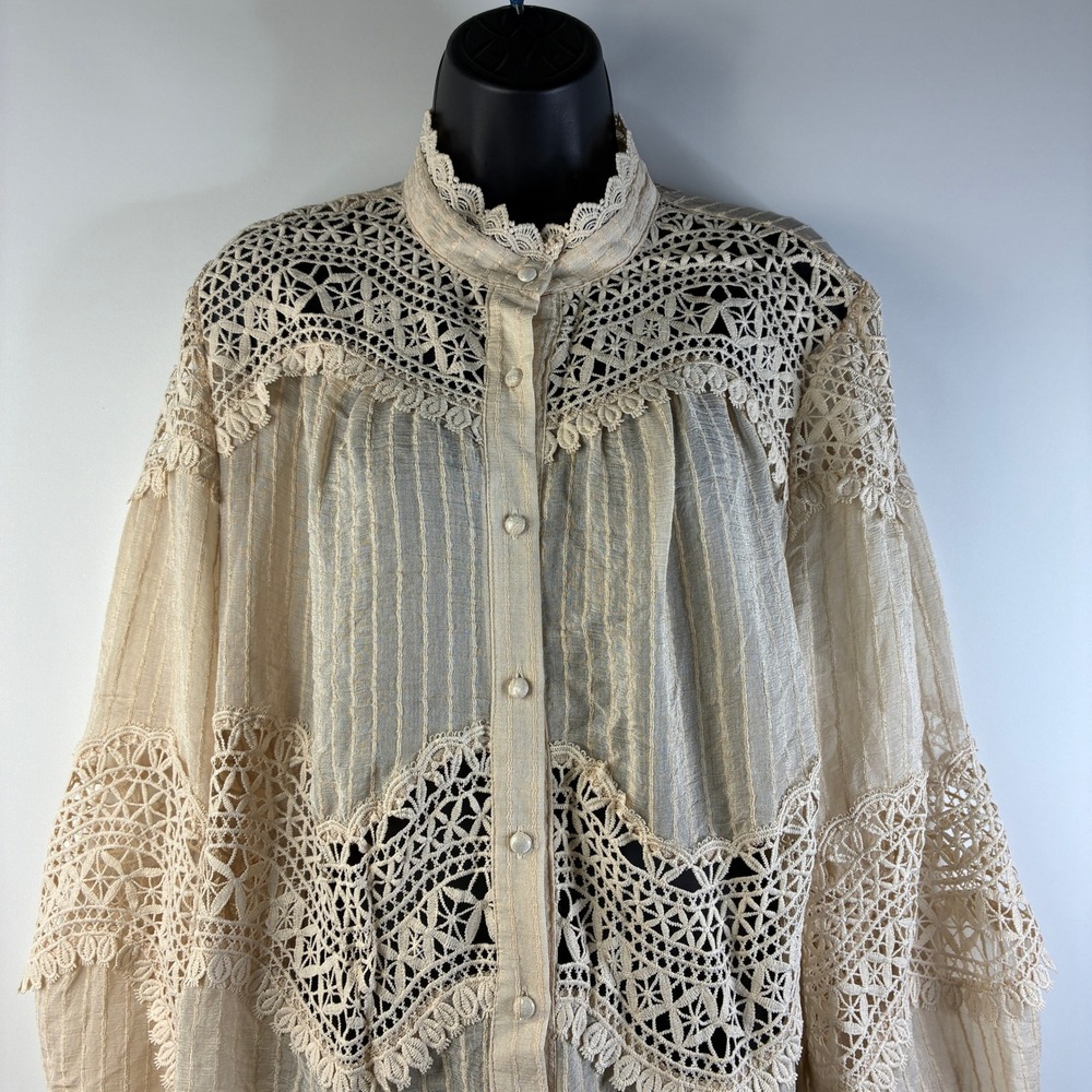 NWT Jollya Paris Beige Crochet Lace Boho Blouse Balloon Sleeve Button Front L/XL - Picture 10 of 16